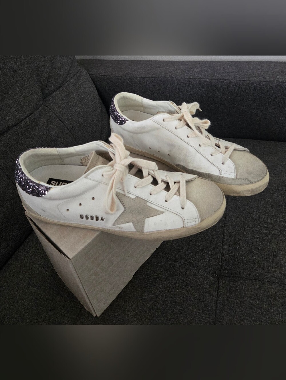 Golden Goose Super-Star White Suede Star Sneakers with Glitter Heel